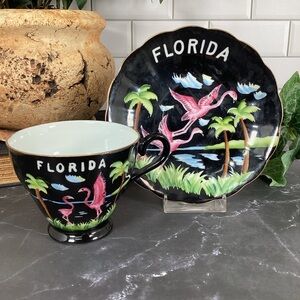 Vtg Collectible Florida Souvenir Teacup And Saucer, Memorabilia, Pink Flamingo